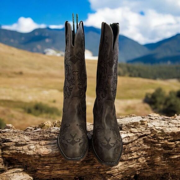 Roper Bailey Laser Square Toe Cowboy  Womens Black Casual Boots Size 8.5 - Picture 2 of 5